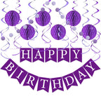 LITAUS Purple Birthday Decorations Kit - 16-Piece Set with Pre-Strung Banner, Honeycomb Balls, Garland & Swirls