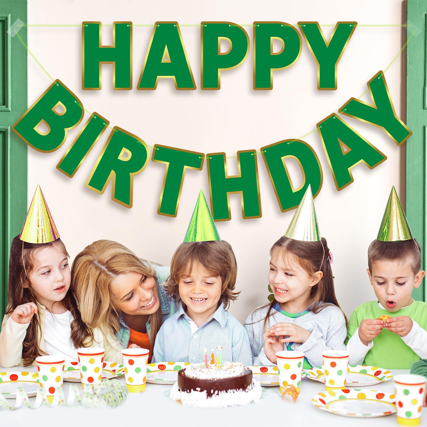 LITAUS Happy Birthday Banner 9ft Green – Pre-Strung Backdrop Sign for Parties