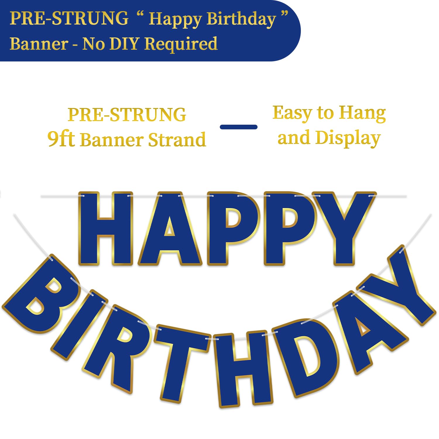 LITAUS Happy Birthday Banner 9ft Navy Blue – Pre-Strung, Gold Foil Edges, Ready to Hang