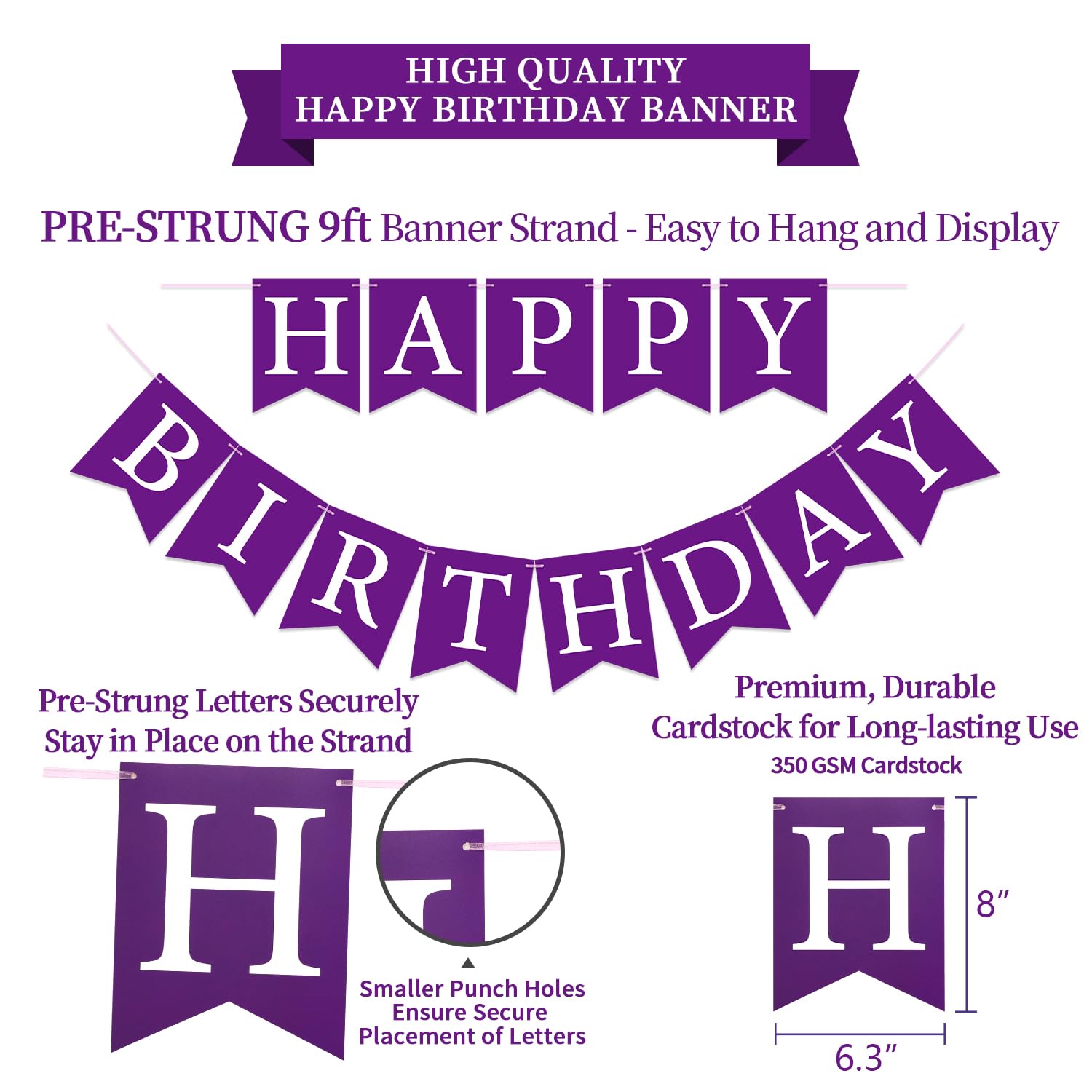 LITAUS Purple Birthday Decorations Kit - 16-Piece Set with Pre-Strung Banner, Honeycomb Balls, Garland & Swirls