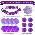 LITAUS Purple Birthday Decorations Kit - 16-Piece Set with Pre-Strung Banner, Honeycomb Balls, Garland & Swirls