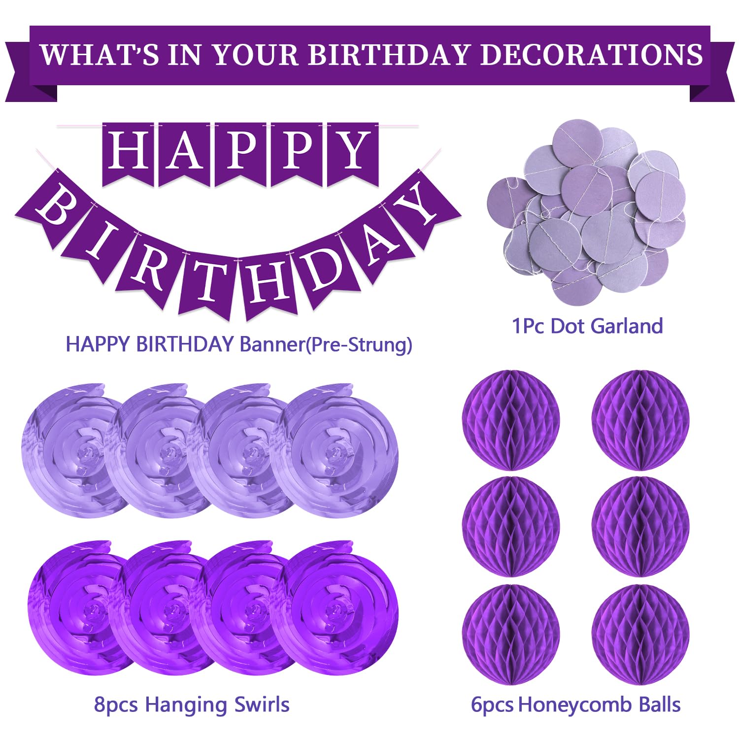 LITAUS Purple Birthday Decorations Kit - 16-Piece Set with Pre-Strung Banner, Honeycomb Balls, Garland & Swirls