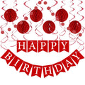 LITAUS Red Birthday Decorations Kit – 16-Piece Set with Pre-Strung Banner, Honeycomb Balls, Garland & Swirls