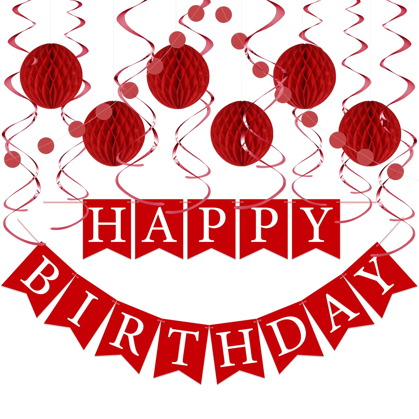 LITAUS Red Birthday Decorations Kit – 16-Piece Set with Pre-Strung Banner, Honeycomb Balls, Garland & Swirls