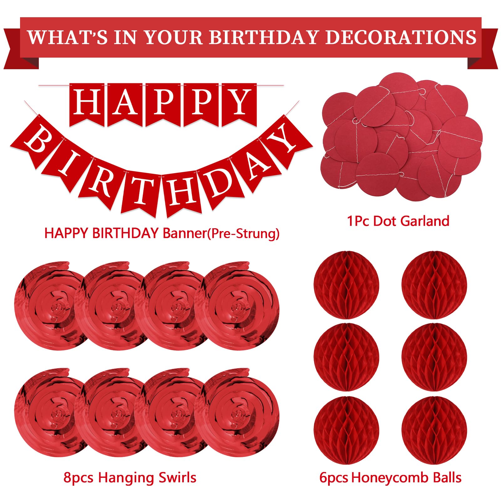 LITAUS Red Birthday Decorations Kit – 16-Piece Set with Pre-Strung Banner, Honeycomb Balls, Garland & Swirls