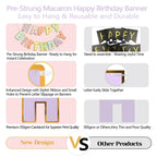 LITAUS Happy Birthday Banner & Sign – 9ft Pre-Strung, Pastel Decor with Gold Foil Edges