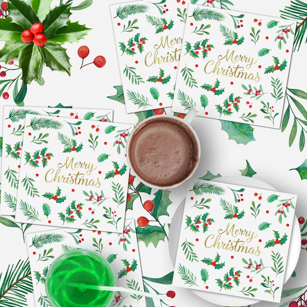 Litmitfu 40-Piece Merry Christmas Napkins – 13-Inch 3-Ply Disposable Holly Leaves & Red Berries