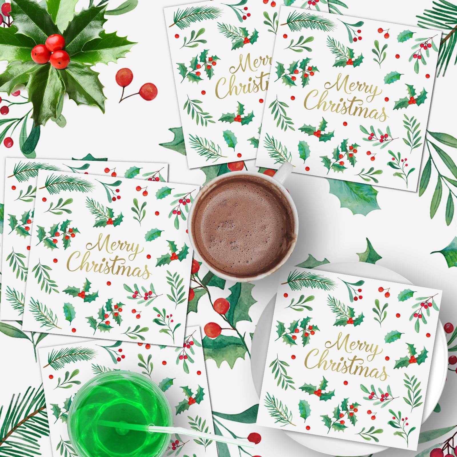 Litmitfu 40-Piece Merry Christmas Napkins – 13-Inch 3-Ply Disposable Holly Leaves & Red Berries