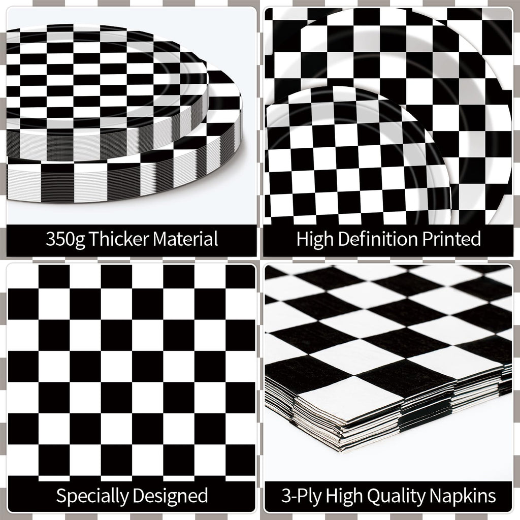 Litmitfu 40 Pcs Race Car Plates & Napkins — Black & White Checkered Birthday Tableware Set