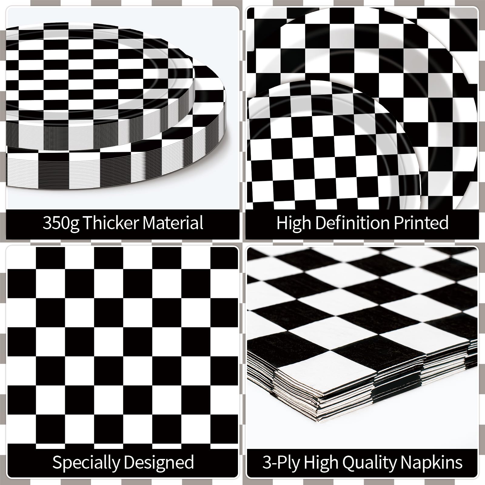 Litmitfu 40 Pcs Race Car Plates & Napkins — Black & White Checkered Birthday Tableware Set