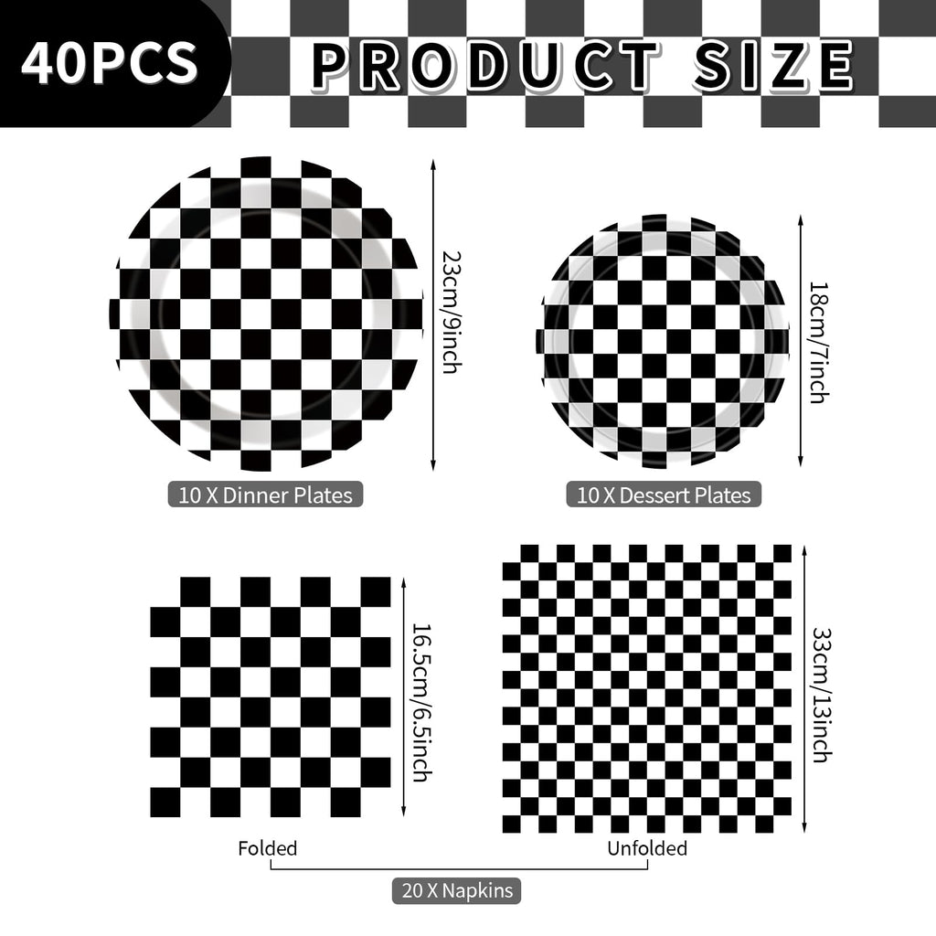 Litmitfu 40 Pcs Race Car Plates & Napkins — Black & White Checkered Birthday Tableware Set