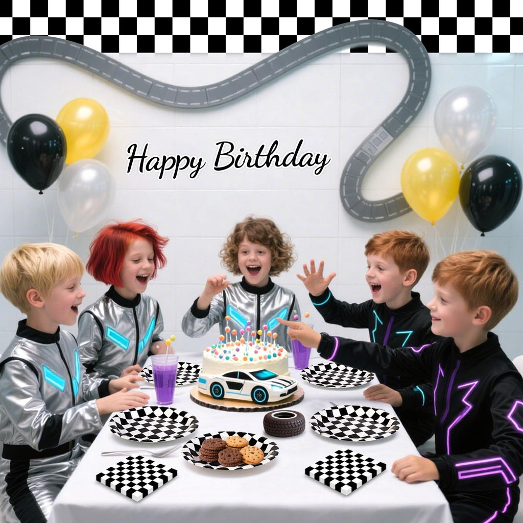 Litmitfu 40 Pcs Race Car Plates & Napkins — Black & White Checkered Birthday Tableware Set