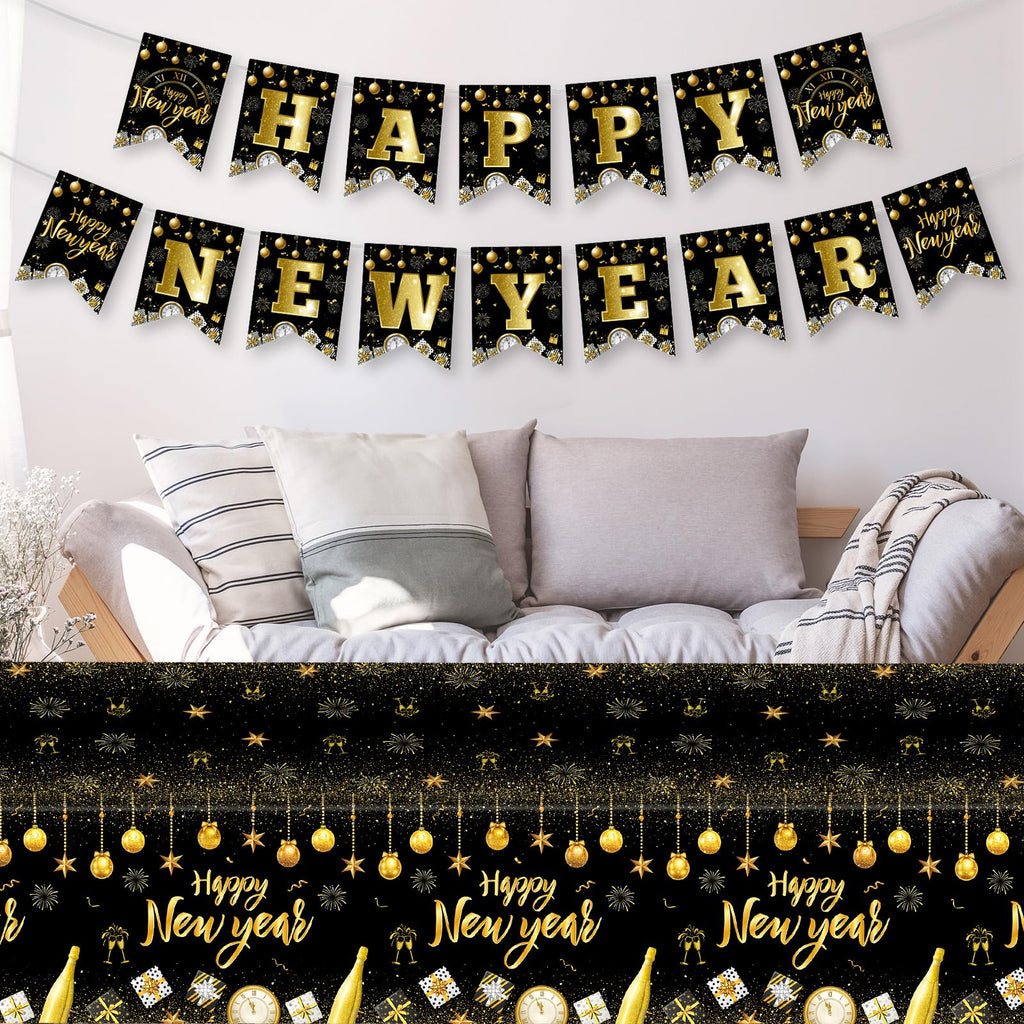 Litmitfu Black Gold Happy New Year Banner 2026 – DIY 16-Piece Garland
