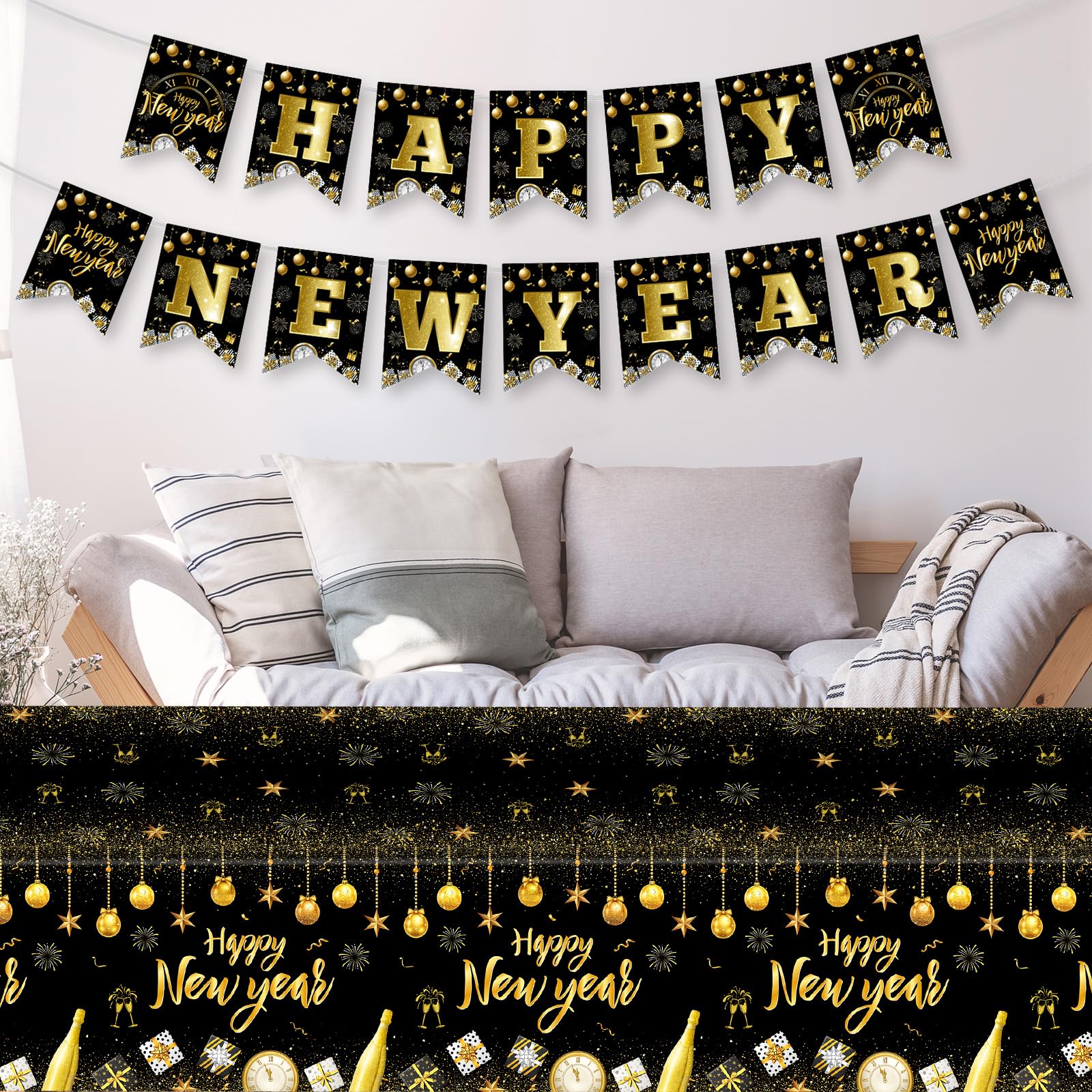Litmitfu Black Gold Happy New Year Banner 2026 – DIY 16-Piece Garland