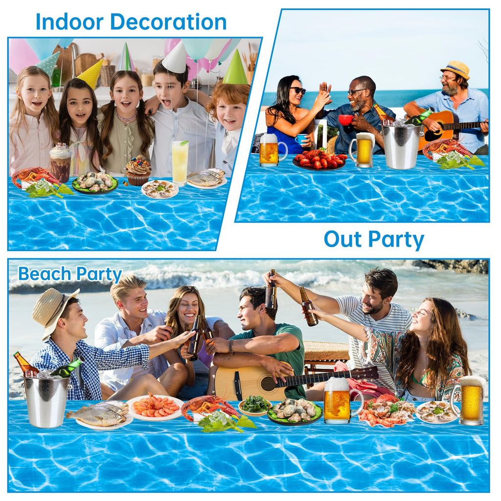 Litmitfu 3-Piece Ocean Tablecloth Set – Blue Waves, 54 x 108 in, Disposable Plastic