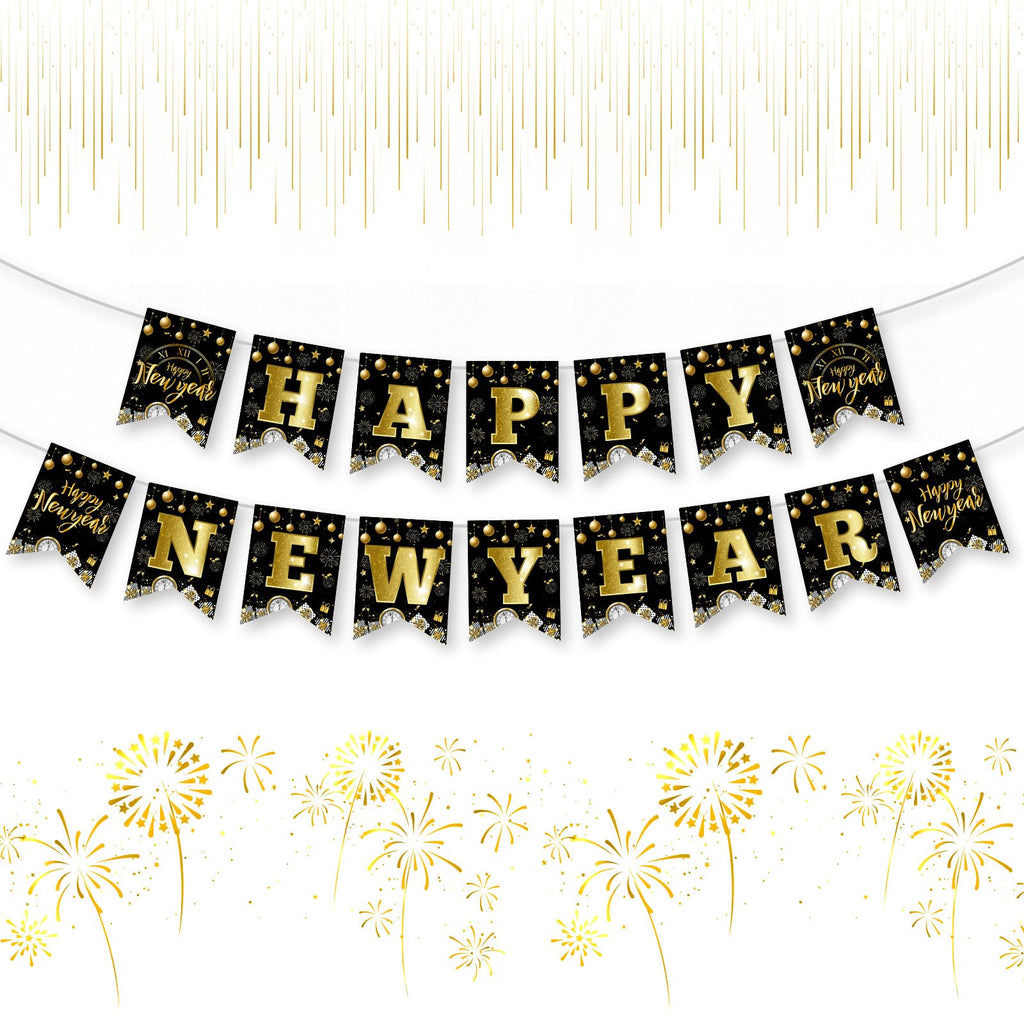 Litmitfu Black Gold Happy New Year Banner 2026 – DIY 16-Piece Garland
