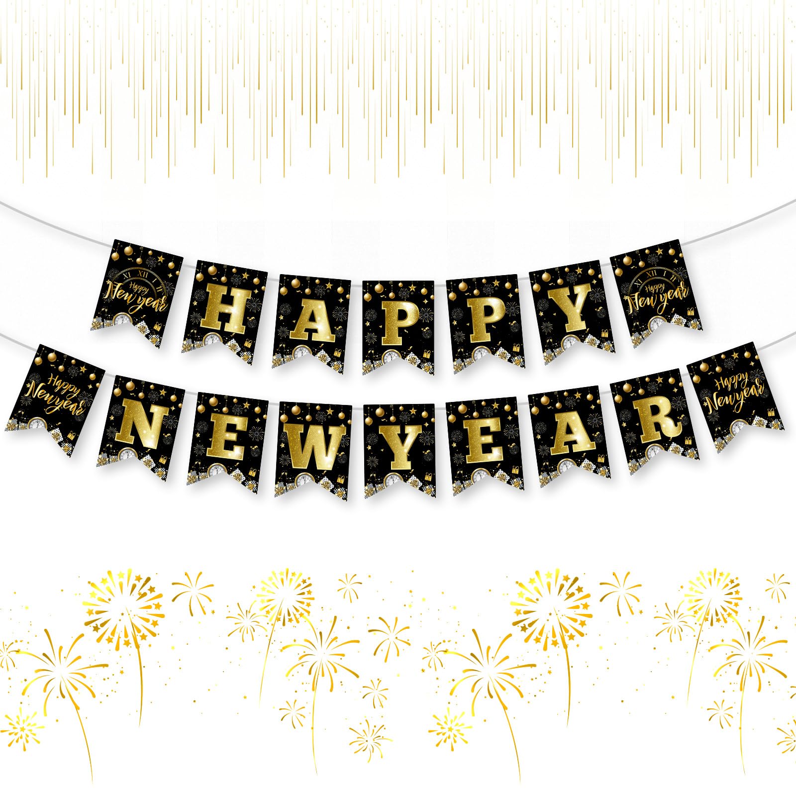 Litmitfu Black Gold Happy New Year Banner 2026 – DIY 16-Piece Garland