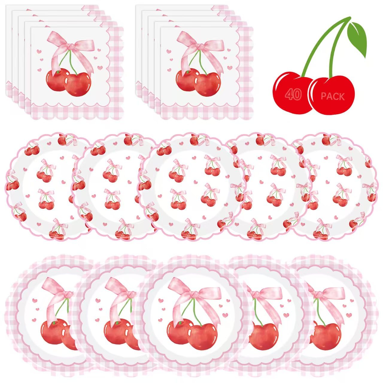 Litmitfu Cherry Birthday Decorations – 40 Pcs Plates & Napkins Set (Serves 20)