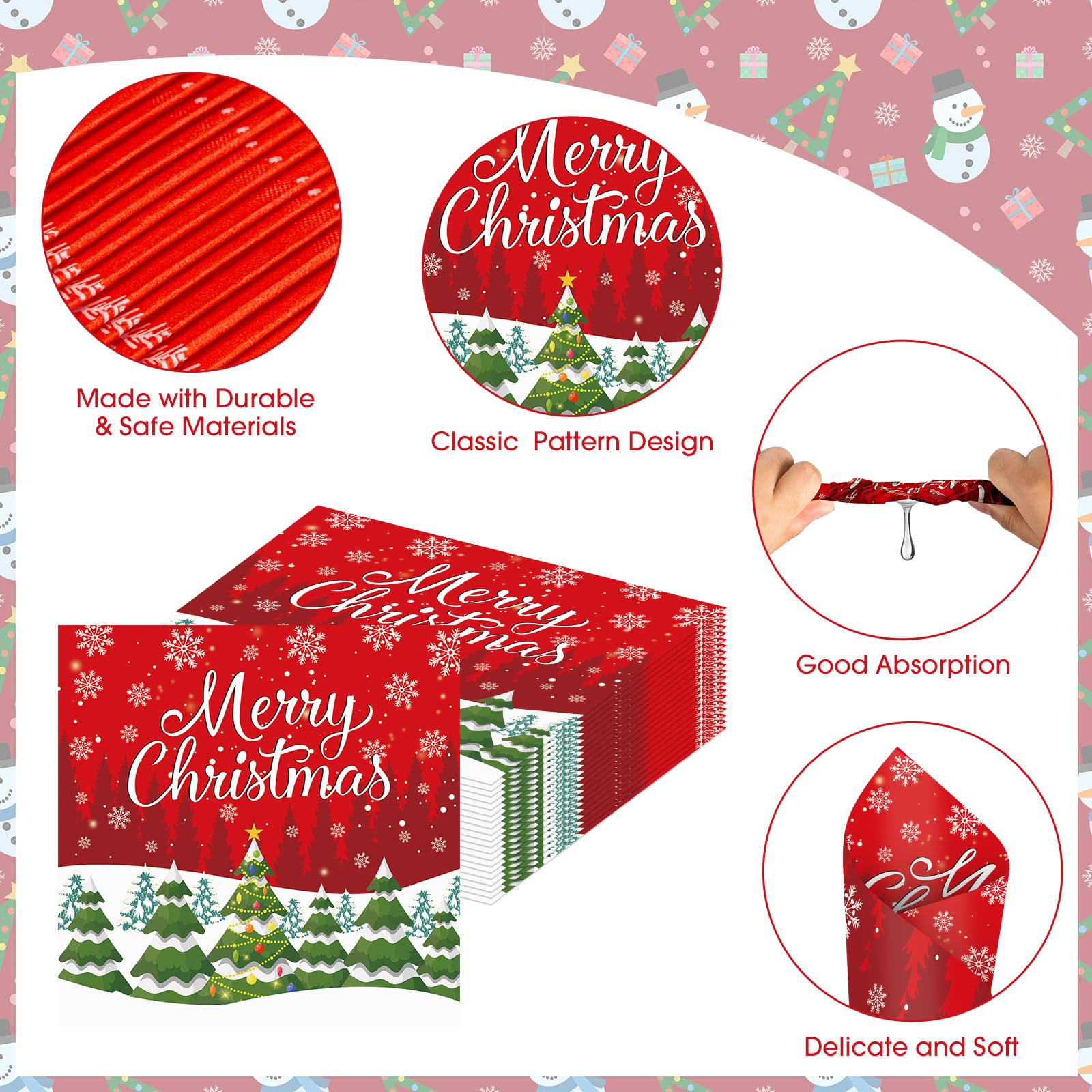 Litmitfu 40 Pcs Merry Christmas Napkins — 13-Inch 3-Ply Red Xmas Tableware for Holiday Celebrations