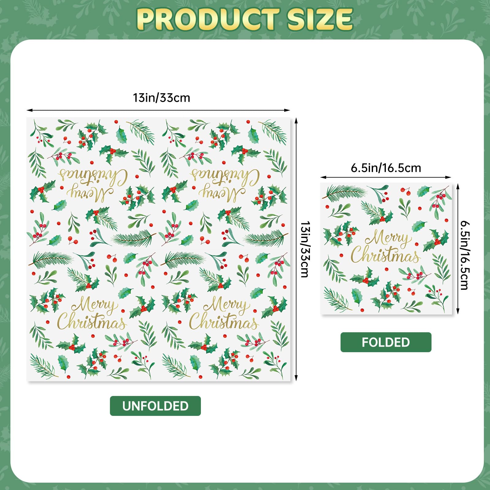 Litmitfu 40-Piece Merry Christmas Napkins – 13-Inch 3-Ply Disposable Holly Leaves & Red Berries