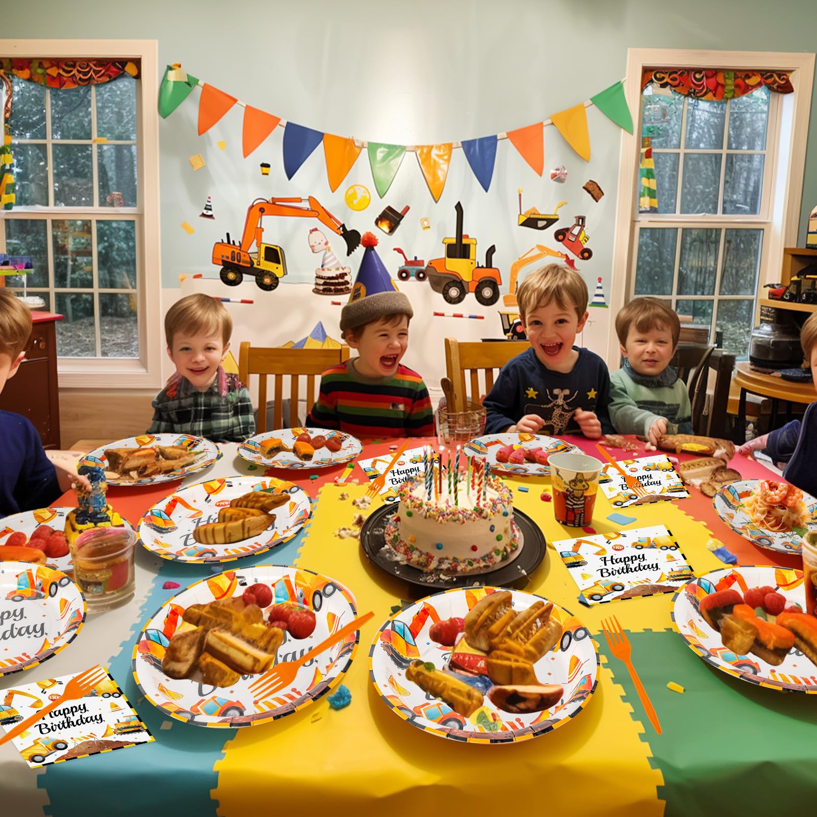Litmitfu Construction Birthday Party Supplies – 100 Pcs Plates, Napkins & Forks Set (Serves 25)