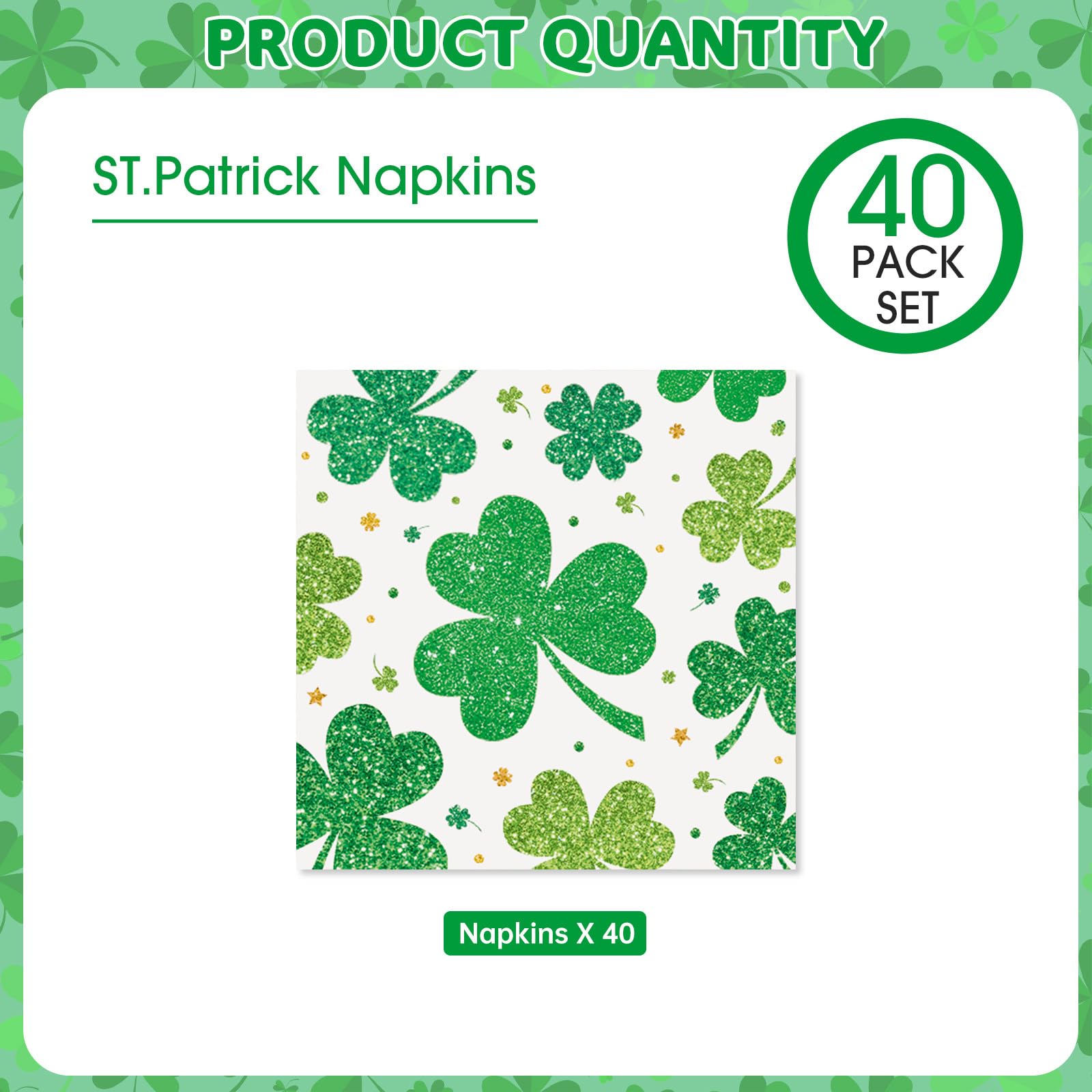 Litmitfu 40-Pack St. Patrick's Day Shamrock Napkins – 3-Ply Green 13x13 Disposable Napkins