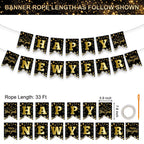 Litmitfu Black Gold Happy New Year Banner 2026 – DIY 16-Piece Garland