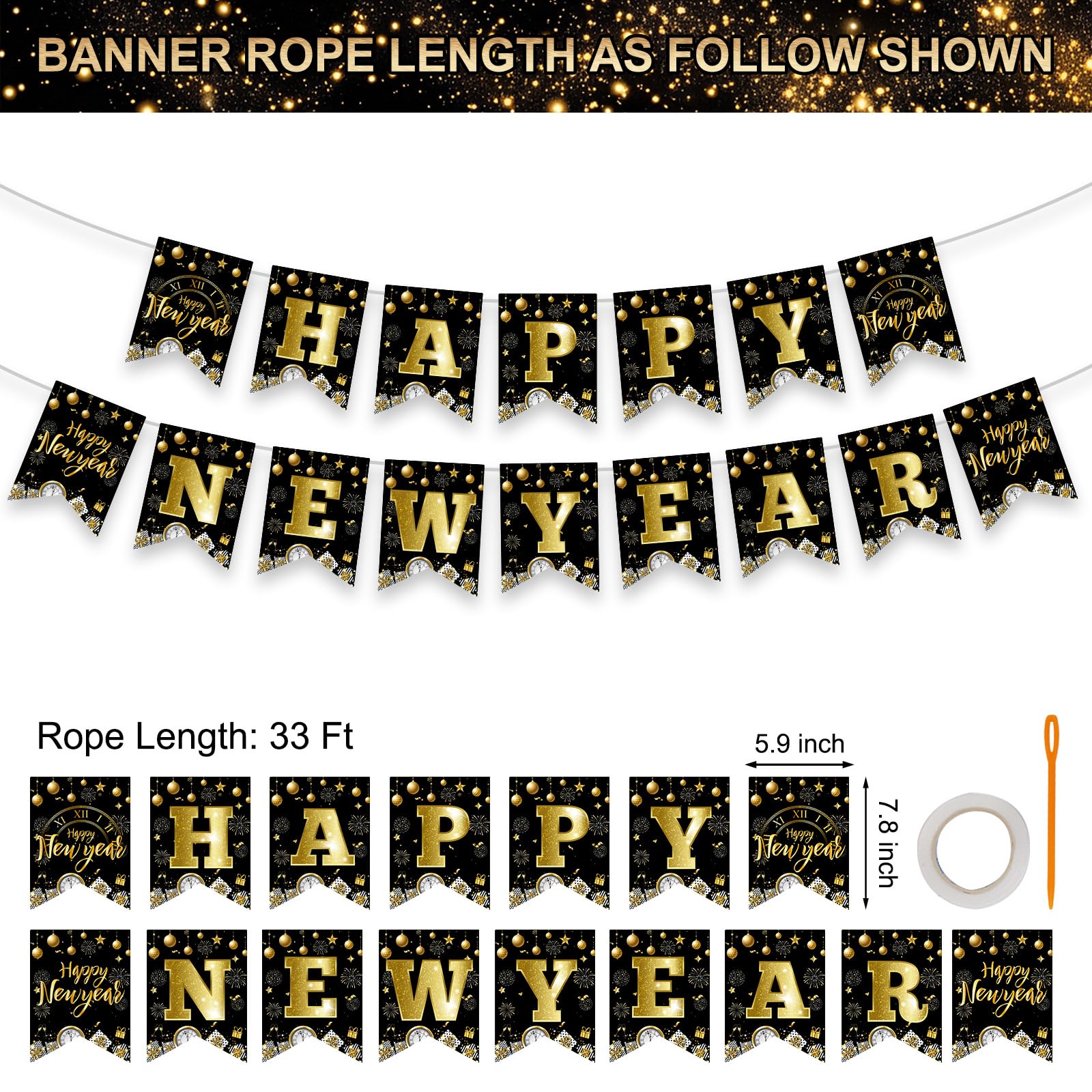 Litmitfu Black Gold Happy New Year Banner 2026 – DIY 16-Piece Garland