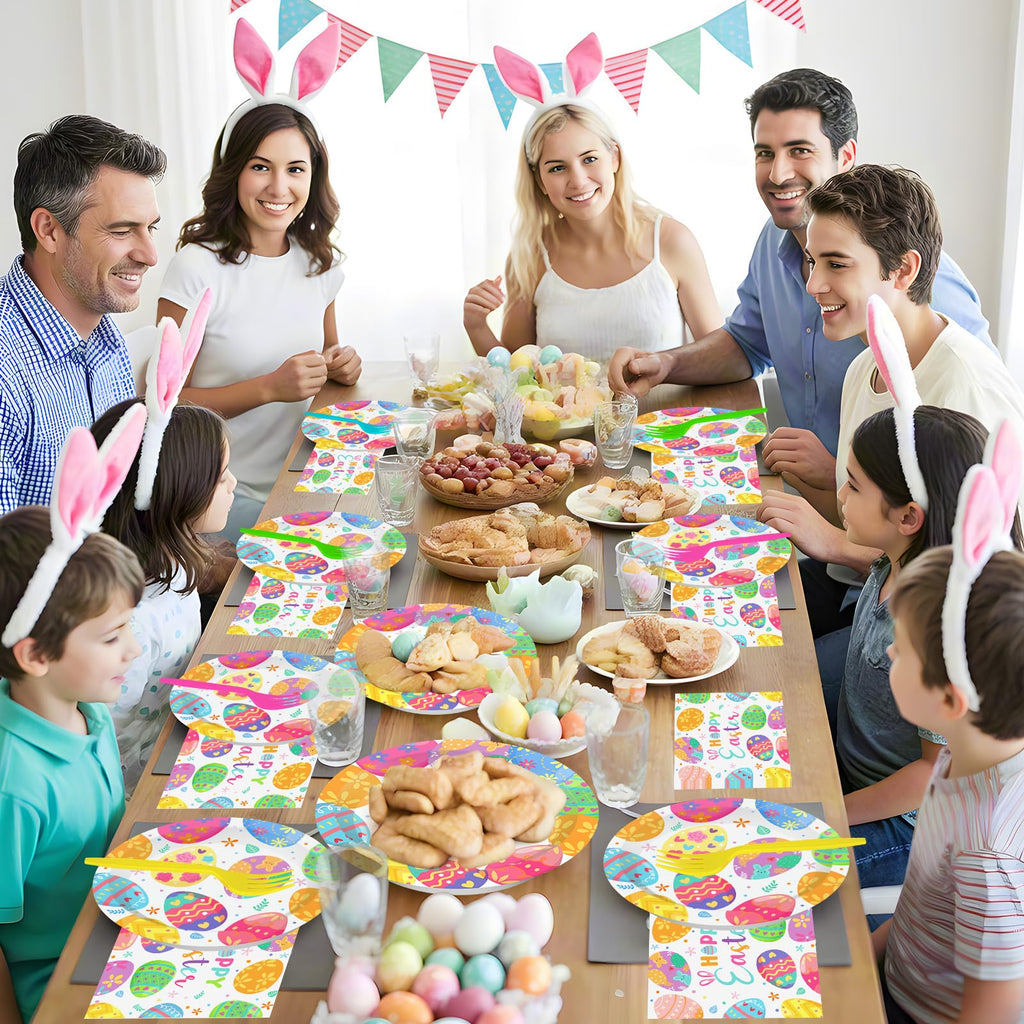 Litmitfu 96 Pcs Happy Easter Plates & Napkins Set – Colorful Eggs Theme, Serves 24