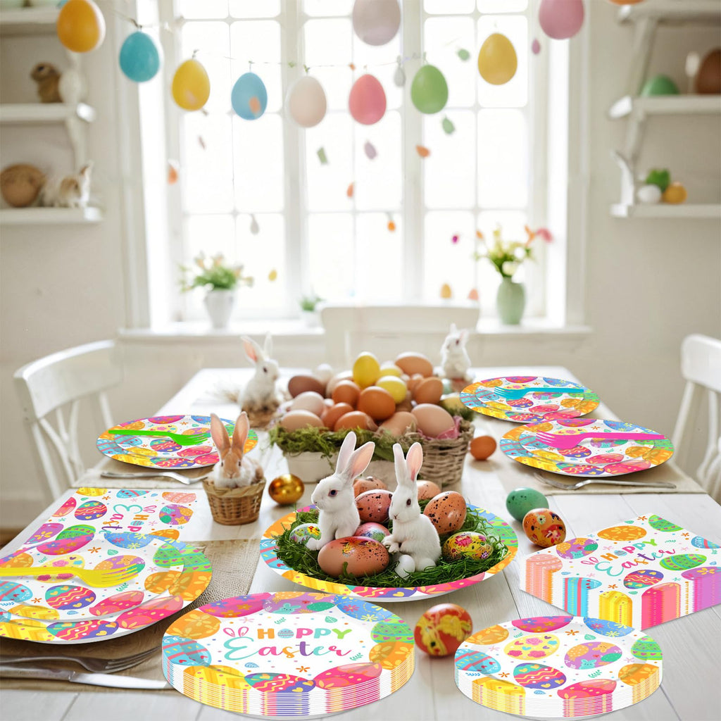 Litmitfu 96 Pcs Happy Easter Plates & Napkins Set – Colorful Eggs Theme, Serves 24