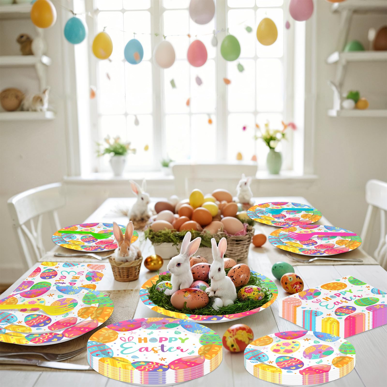 Litmitfu 96 Pcs Happy Easter Plates & Napkins Set – Colorful Eggs Theme, Serves 24