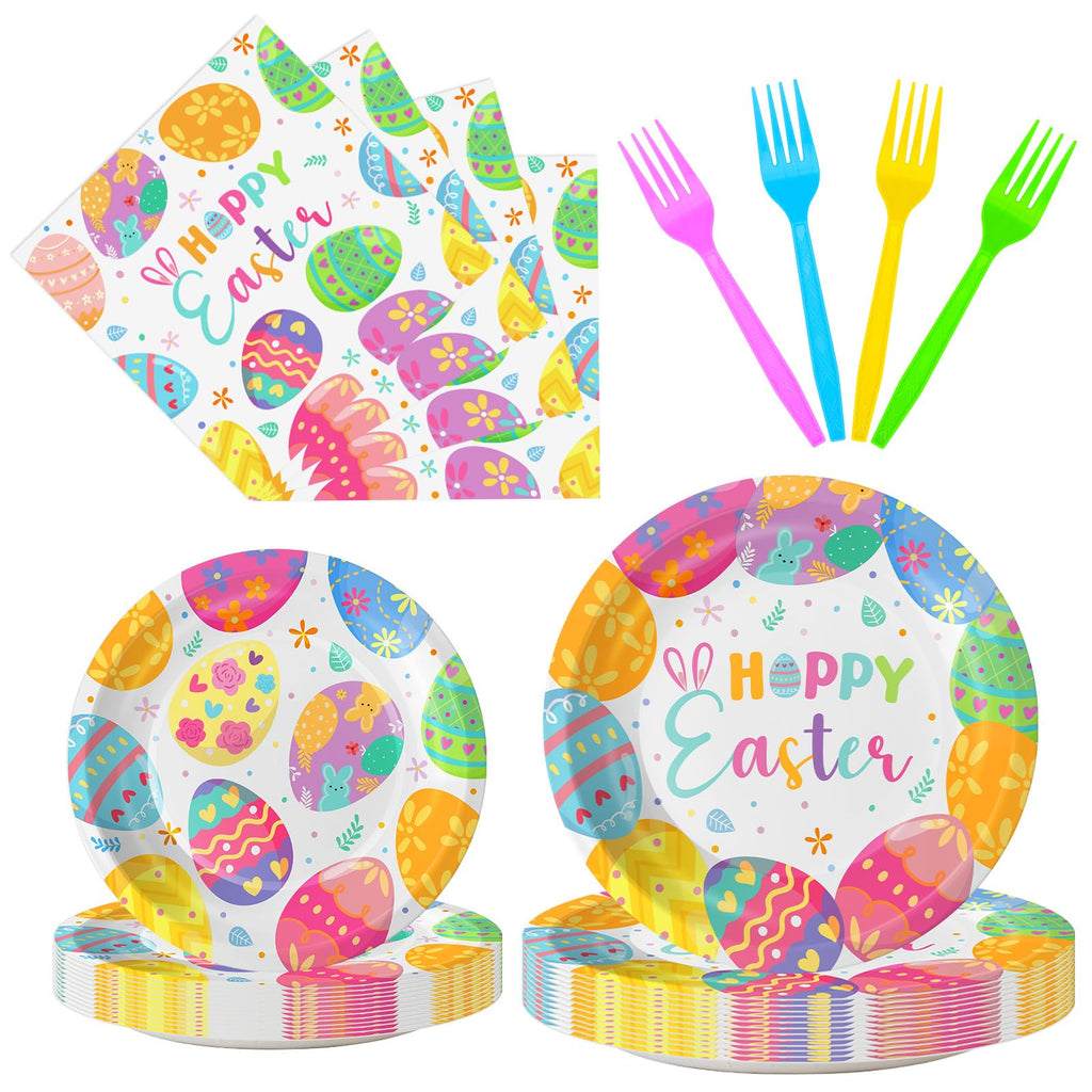 Litmitfu 96 Pcs Happy Easter Plates & Napkins Set – Colorful Eggs Theme, Serves 24