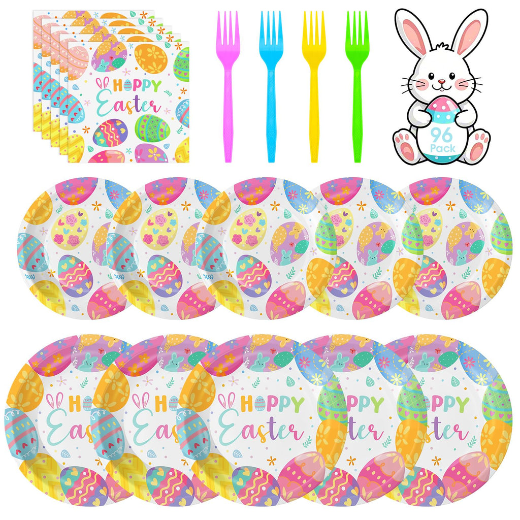 Litmitfu 96 Pcs Happy Easter Plates & Napkins Set – Colorful Eggs Theme, Serves 24