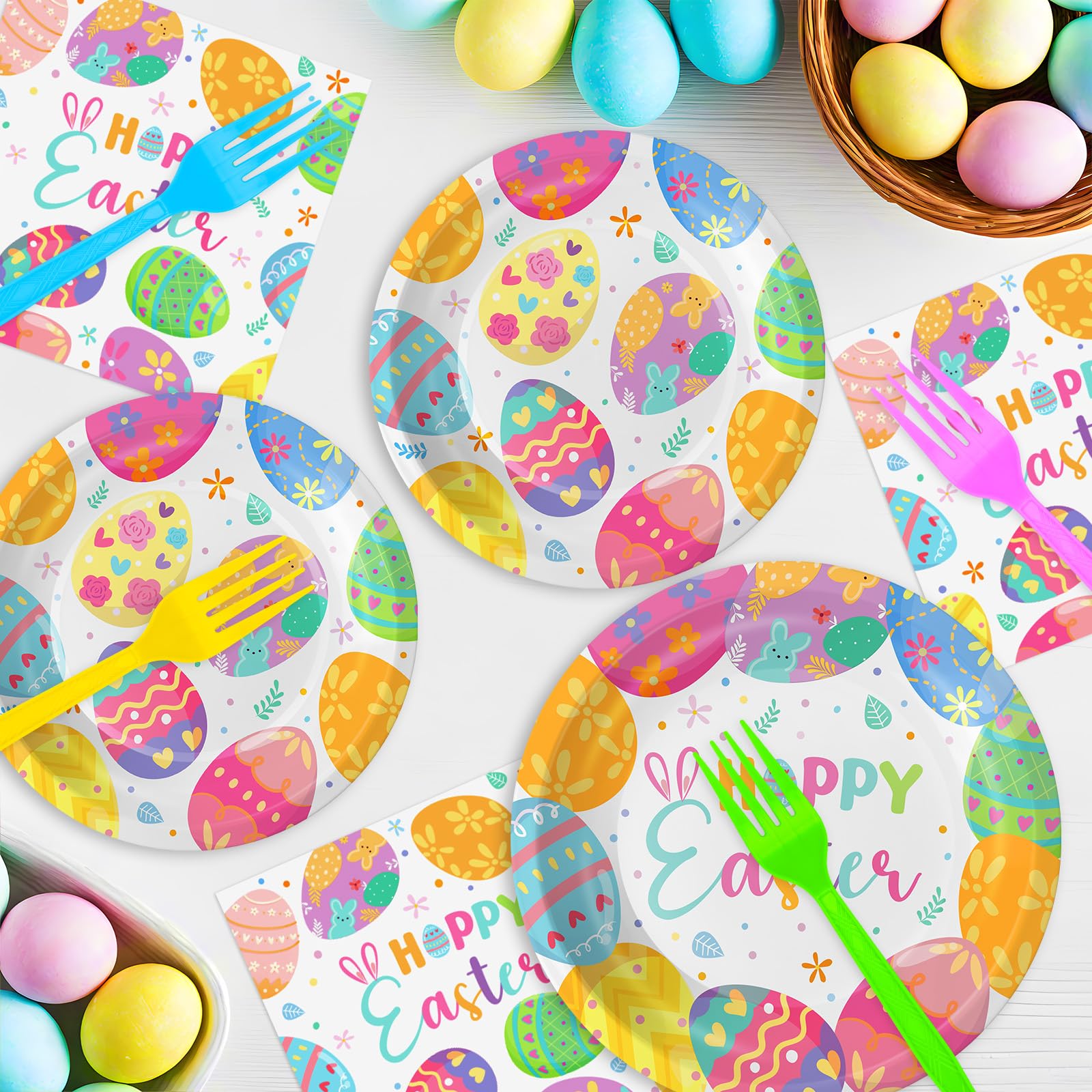 Litmitfu 96 Pcs Happy Easter Plates & Napkins Set – Colorful Eggs Theme, Serves 24