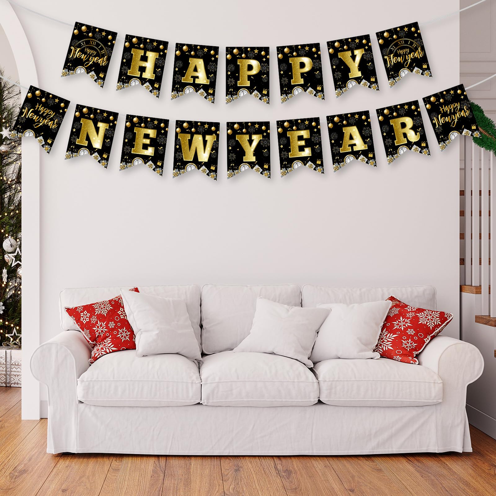 Litmitfu Black Gold Happy New Year Banner 2026 – DIY 16-Piece Garland