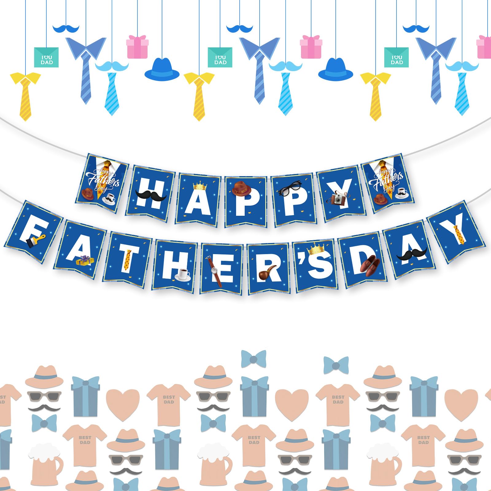 Litmitfu Happy Father's Day Banner – Blue & White Bunting for Indoor & Outdoor Decor