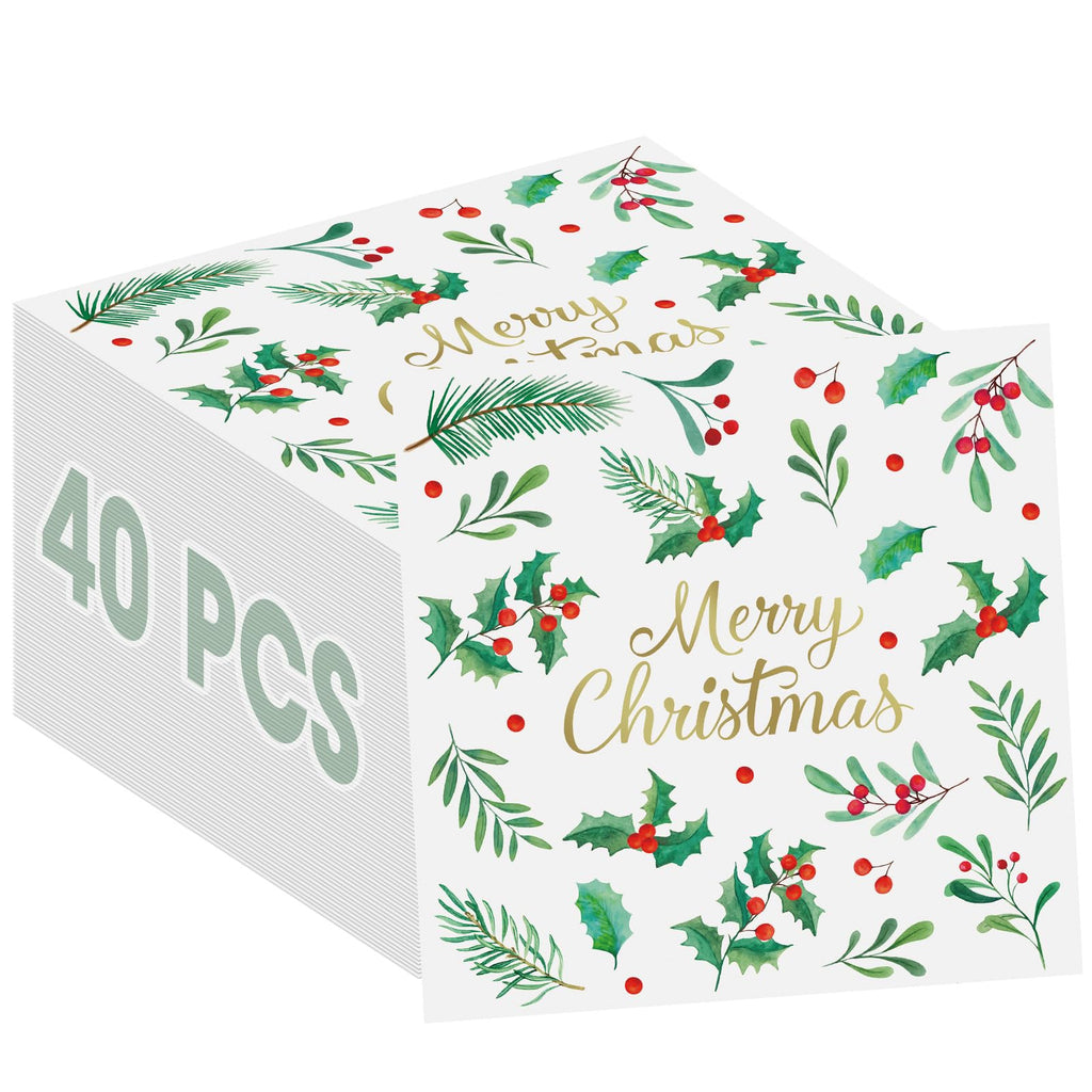 Litmitfu 40-Piece Merry Christmas Napkins – 13-Inch 3-Ply Disposable Holly Leaves & Red Berries