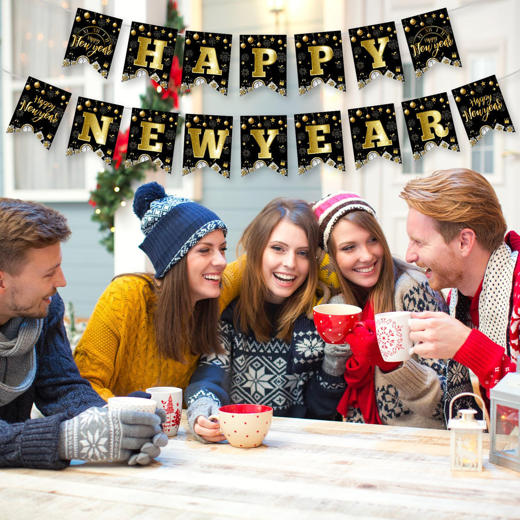 Litmitfu Black Gold Happy New Year Banner 2026 – DIY 16-Piece Garland