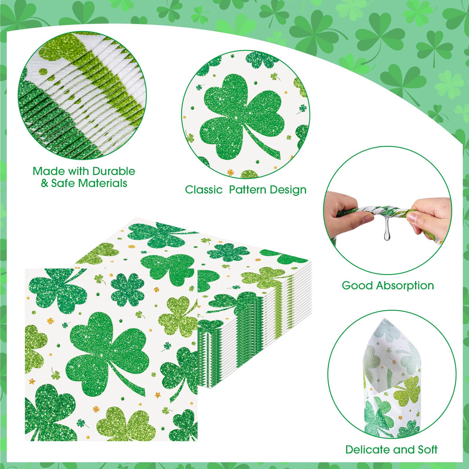 Litmitfu 40-Pack St. Patrick's Day Shamrock Napkins – 3-Ply Green 13x13 Disposable Napkins
