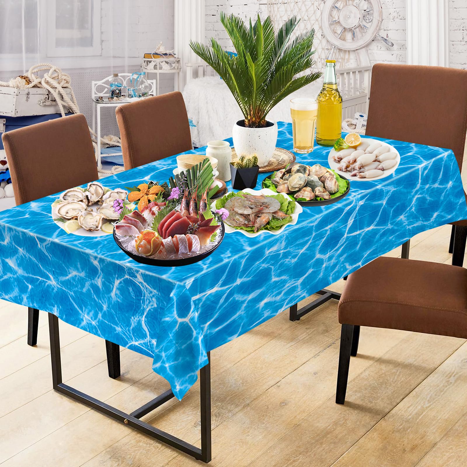 Litmitfu 3-Piece Ocean Tablecloth Set – Blue Waves, 54 x 108 in, Disposable Plastic