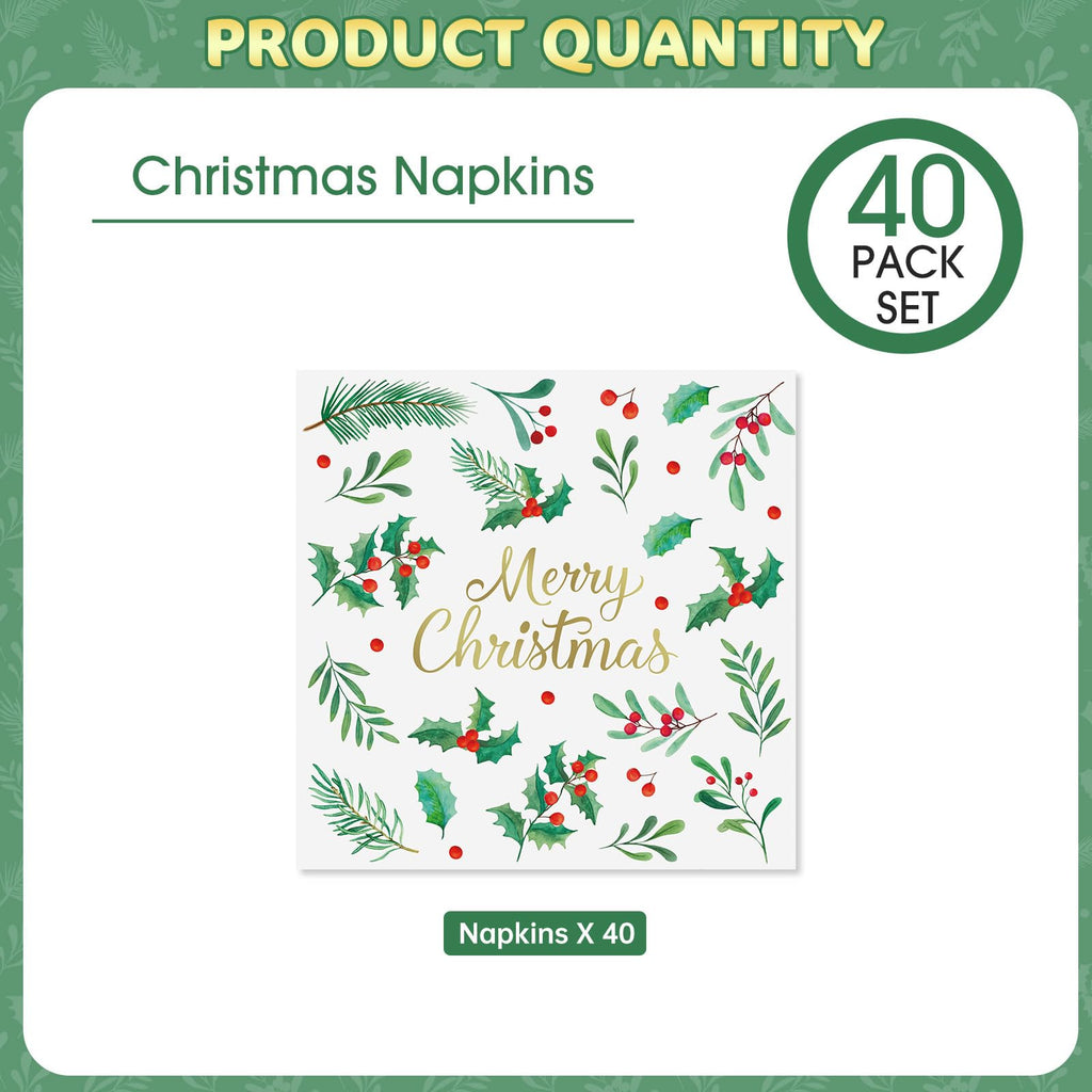 Litmitfu 40-Piece Merry Christmas Napkins – 13-Inch 3-Ply Disposable Holly Leaves & Red Berries