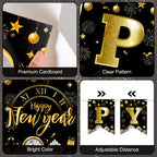 Litmitfu Black Gold Happy New Year Banner 2026 – DIY 16-Piece Garland