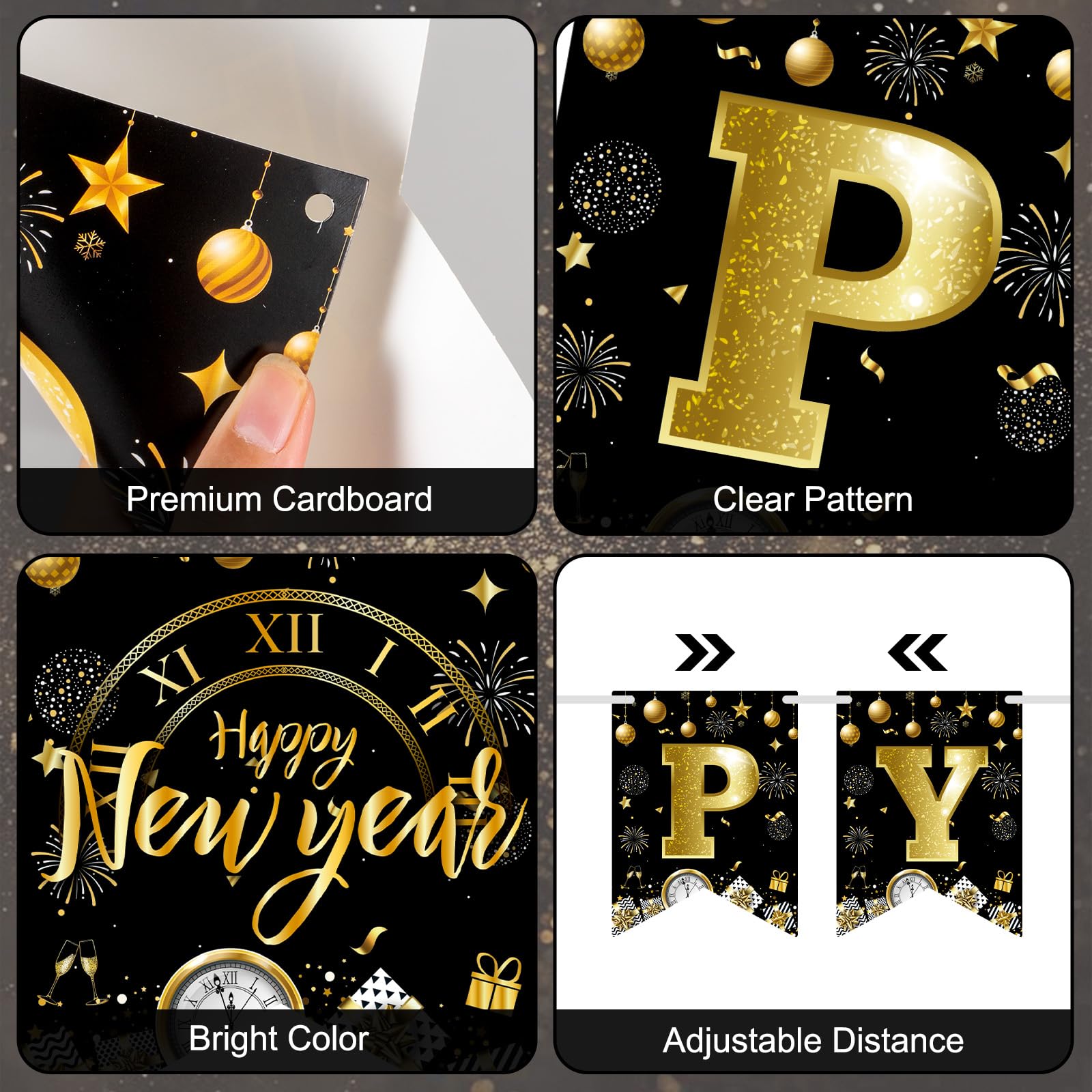 Litmitfu Black Gold Happy New Year Banner 2026 – DIY 16-Piece Garland