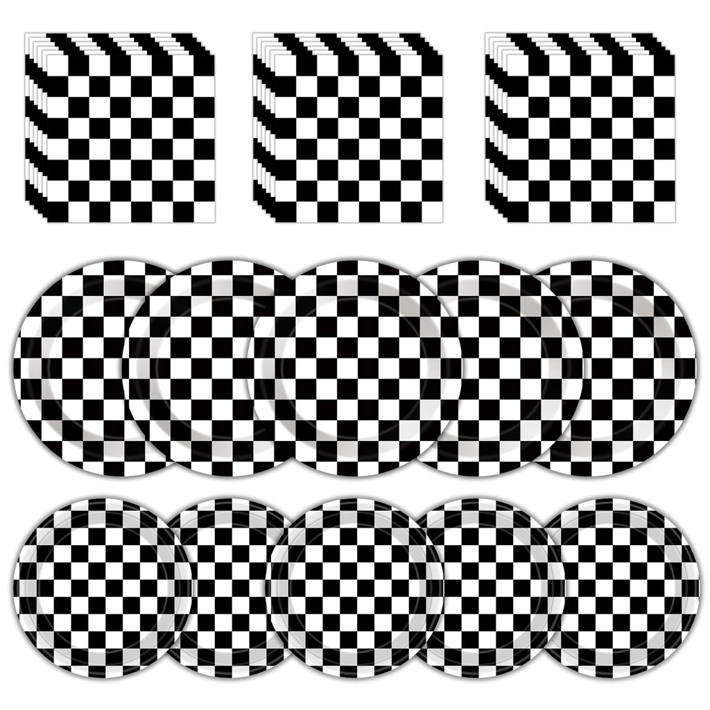 Litmitfu 40 Pcs Race Car Plates & Napkins — Black & White Checkered Birthday Tableware Set