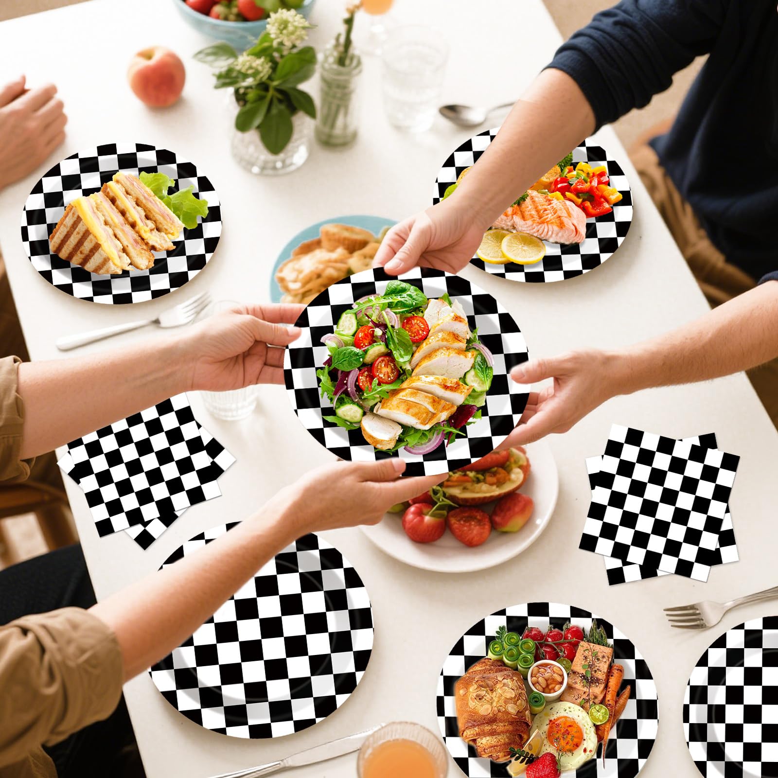 Litmitfu 40 Pcs Race Car Plates & Napkins — Black & White Checkered Birthday Tableware Set