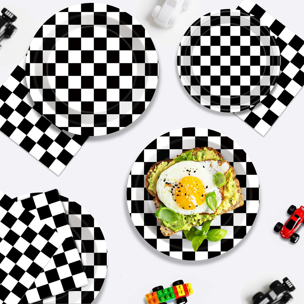 Litmitfu 40 Pcs Race Car Plates & Napkins — Black & White Checkered Birthday Tableware Set