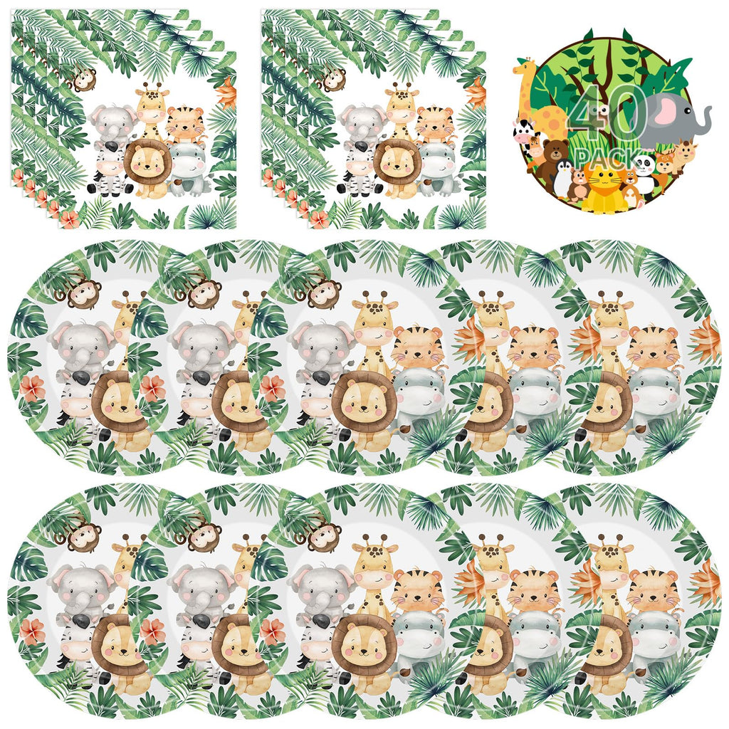 Litmitfu 40 Pcs Jungle Animals Party Plates & Napkins Set – Safari Theme Tableware for Baby Showers & Zoo Parties (Serves 20)
