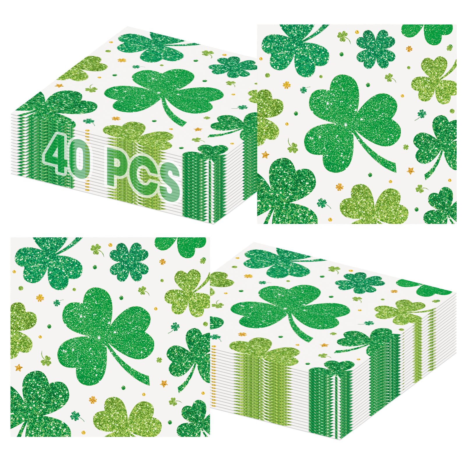Litmitfu 40-Pack St. Patrick's Day Shamrock Napkins – 3-Ply Green 13x13 Disposable Napkins