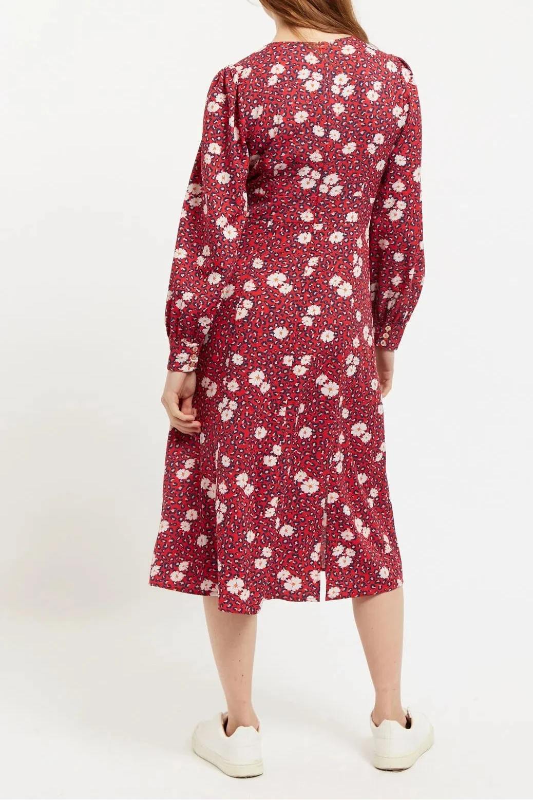 Louche Liv Roaring Daisy Print Long Sleeve Midi Dress Red