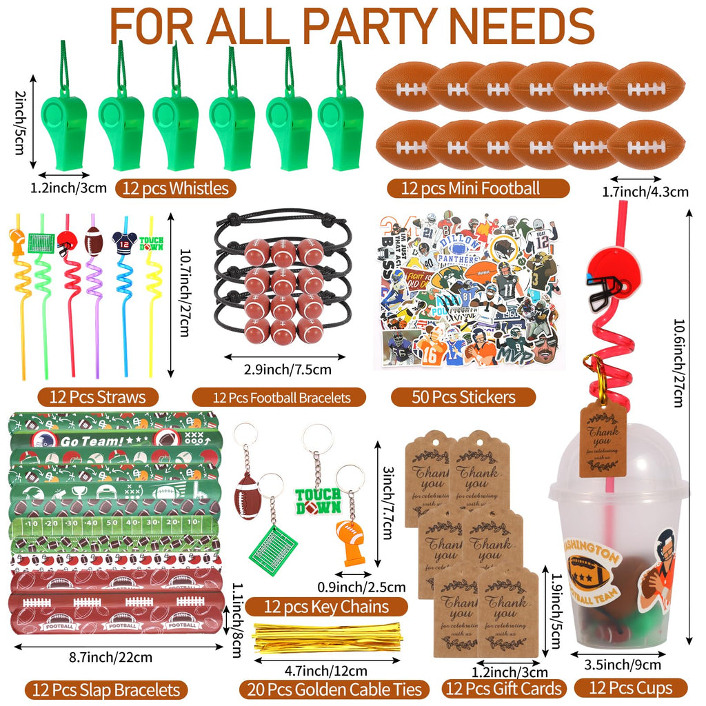 LiYiQ 158 Pcs Football Party Favors – Cups, Straws, Whistles & Accessories